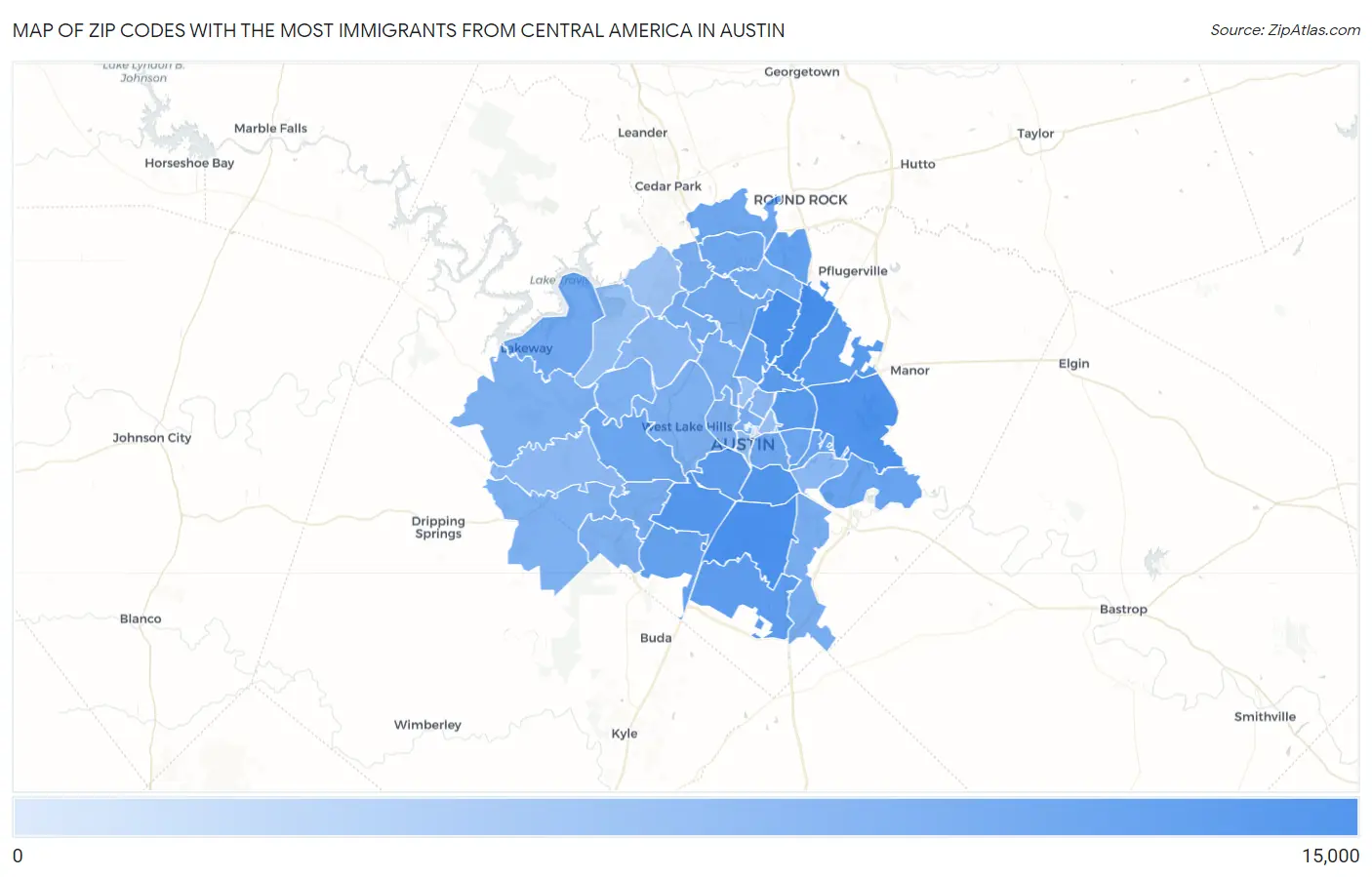 Zip Codes with the Most Immigrants from Central America in Austin Map