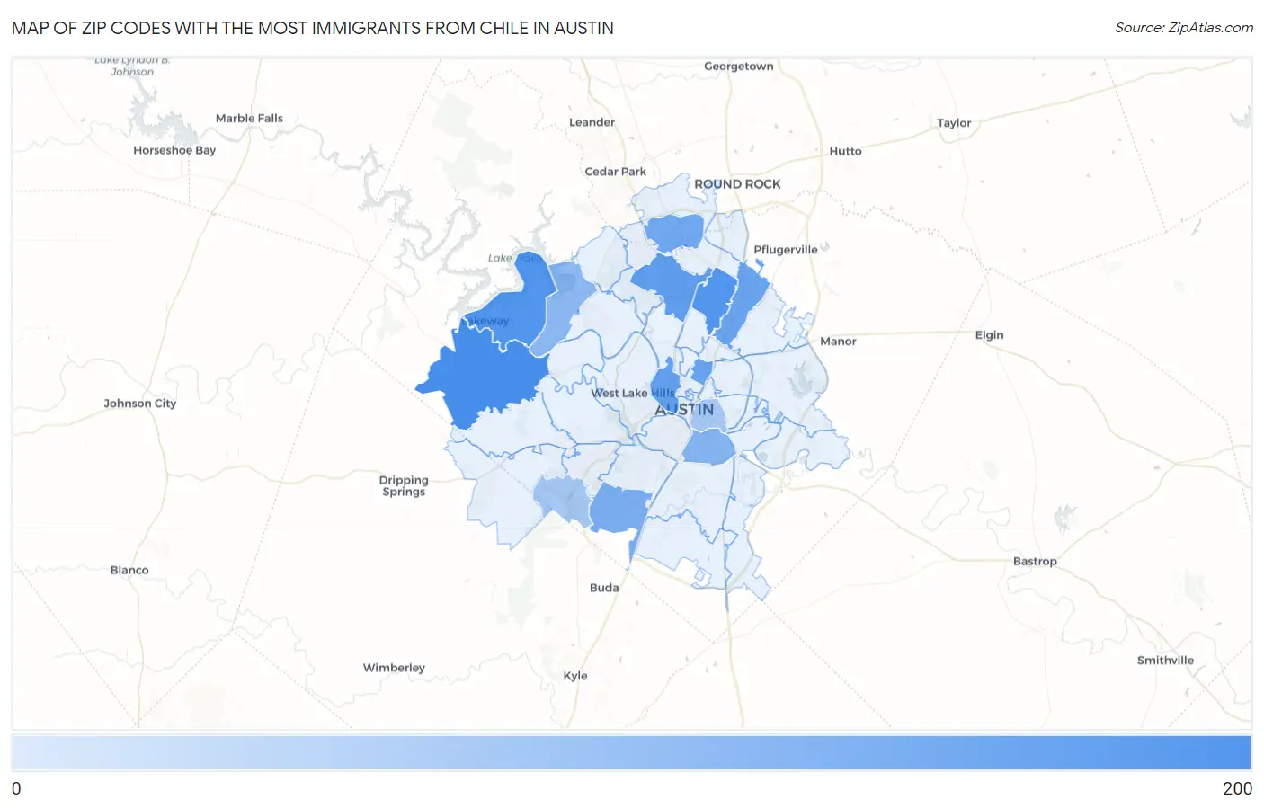 Zip Codes with the Most Immigrants from Chile in Austin Map