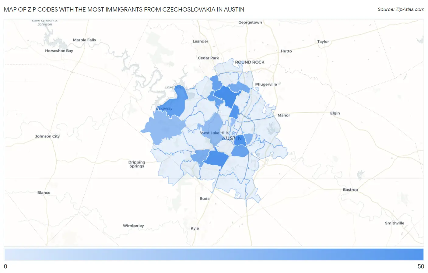 Zip Codes with the Most Immigrants from Czechoslovakia in Austin Map