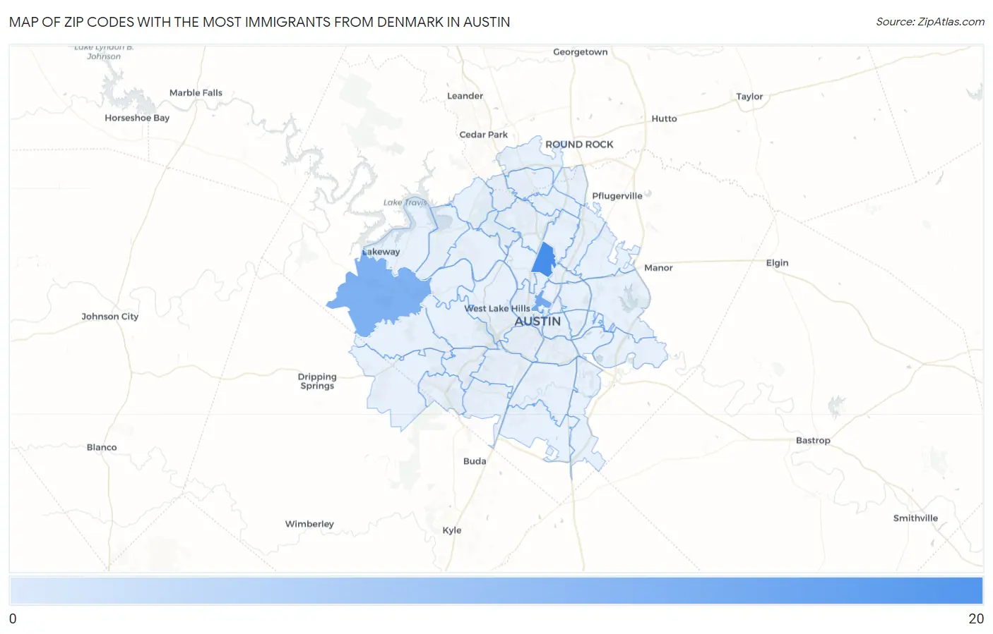 Zip Codes with the Most Immigrants from Denmark in Austin Map