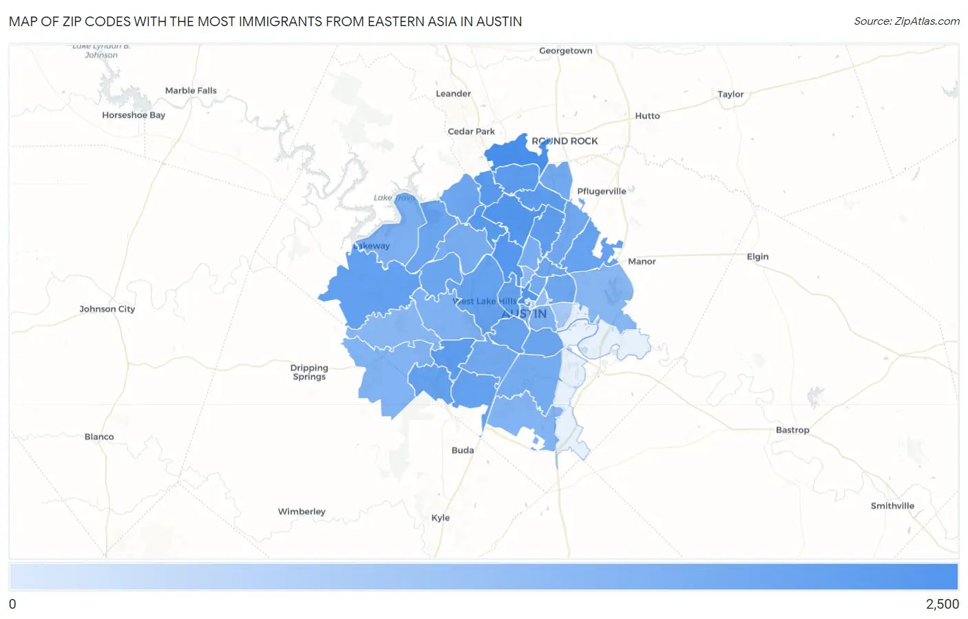 Zip Codes with the Most Immigrants from Eastern Asia in Austin Map
