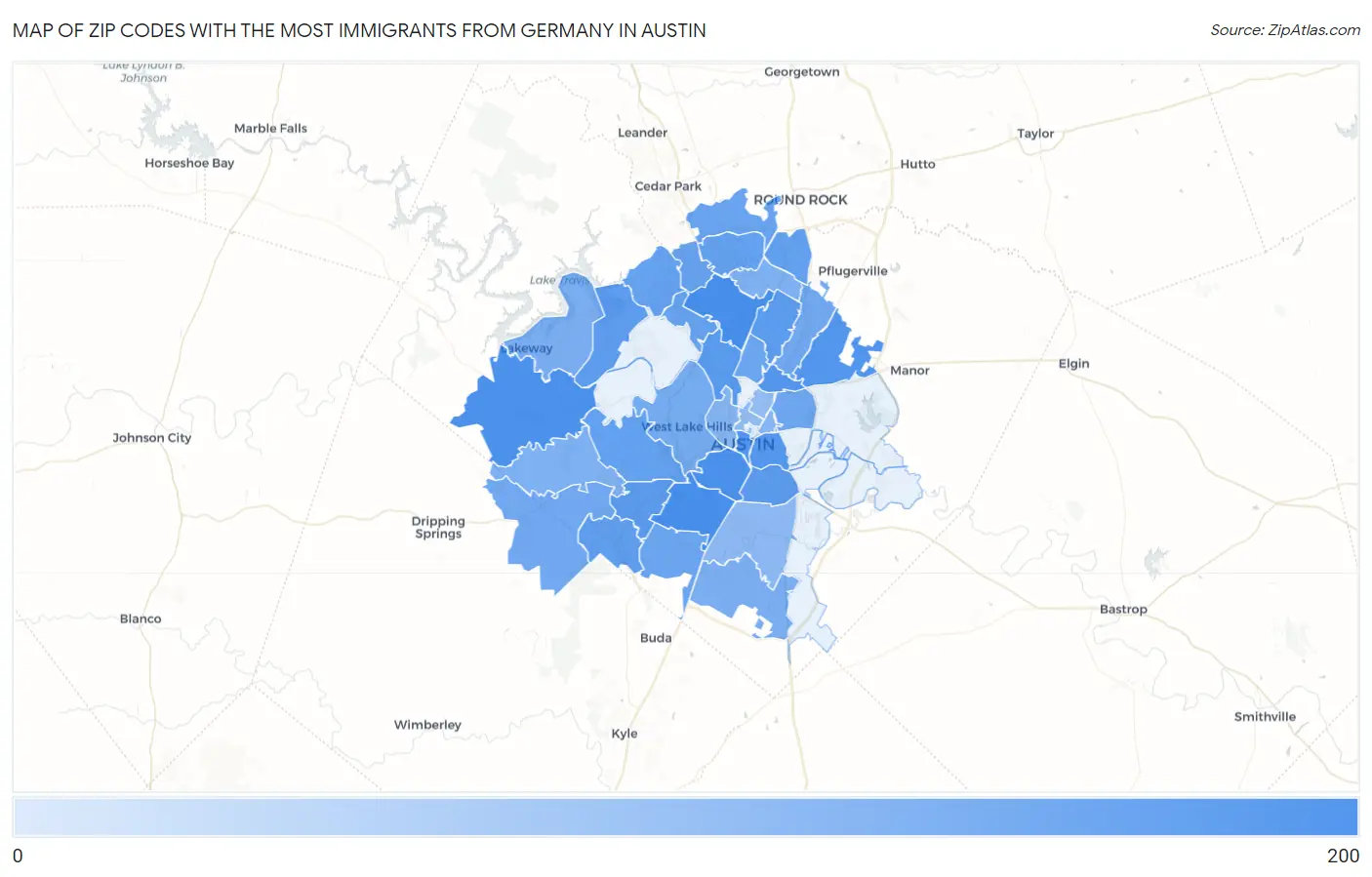 Zip Codes with the Most Immigrants from Germany in Austin Map