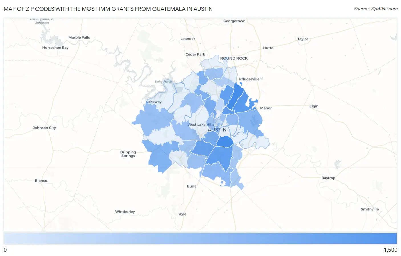 Zip Codes with the Most Immigrants from Guatemala in Austin Map
