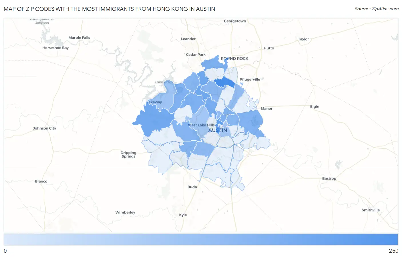 Zip Codes with the Most Immigrants from Hong Kong in Austin Map