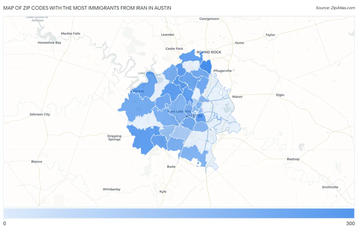 Zip Codes with the Most Immigrants from Iran in Austin Map