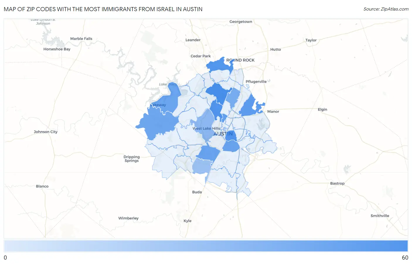 Zip Codes with the Most Immigrants from Israel in Austin Map