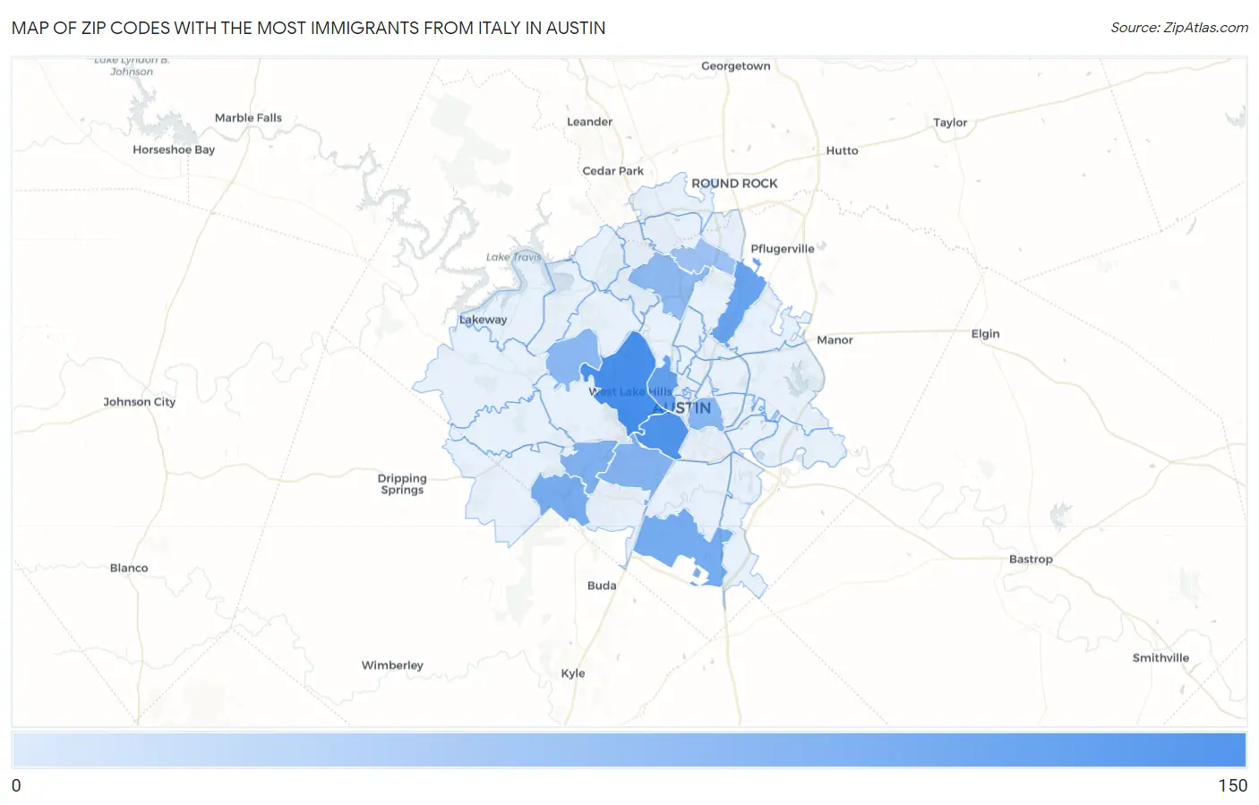 Zip Codes with the Most Immigrants from Italy in Austin Map