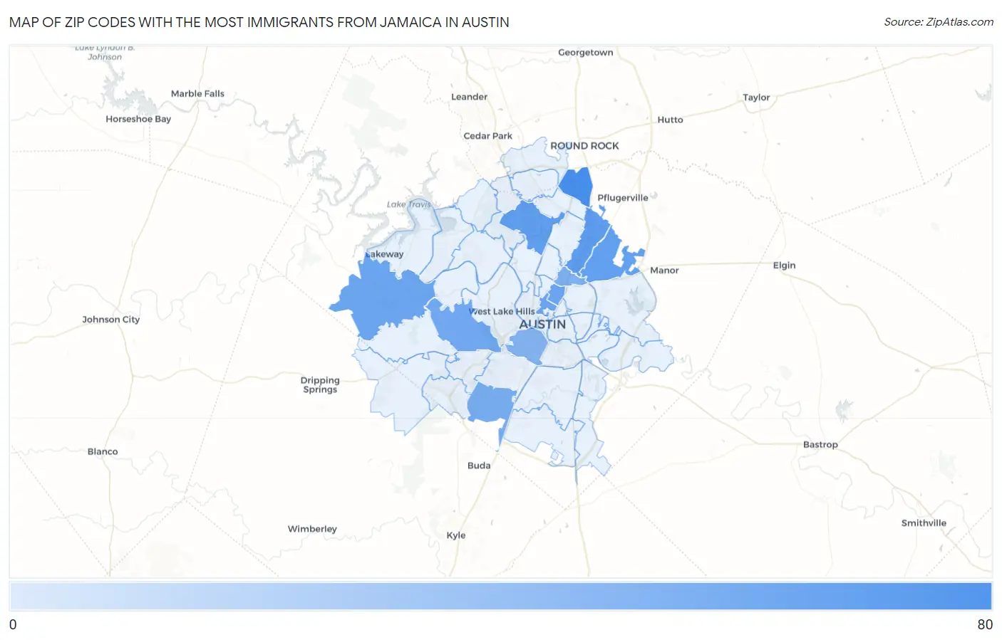 Zip Codes with the Most Immigrants from Jamaica in Austin Map