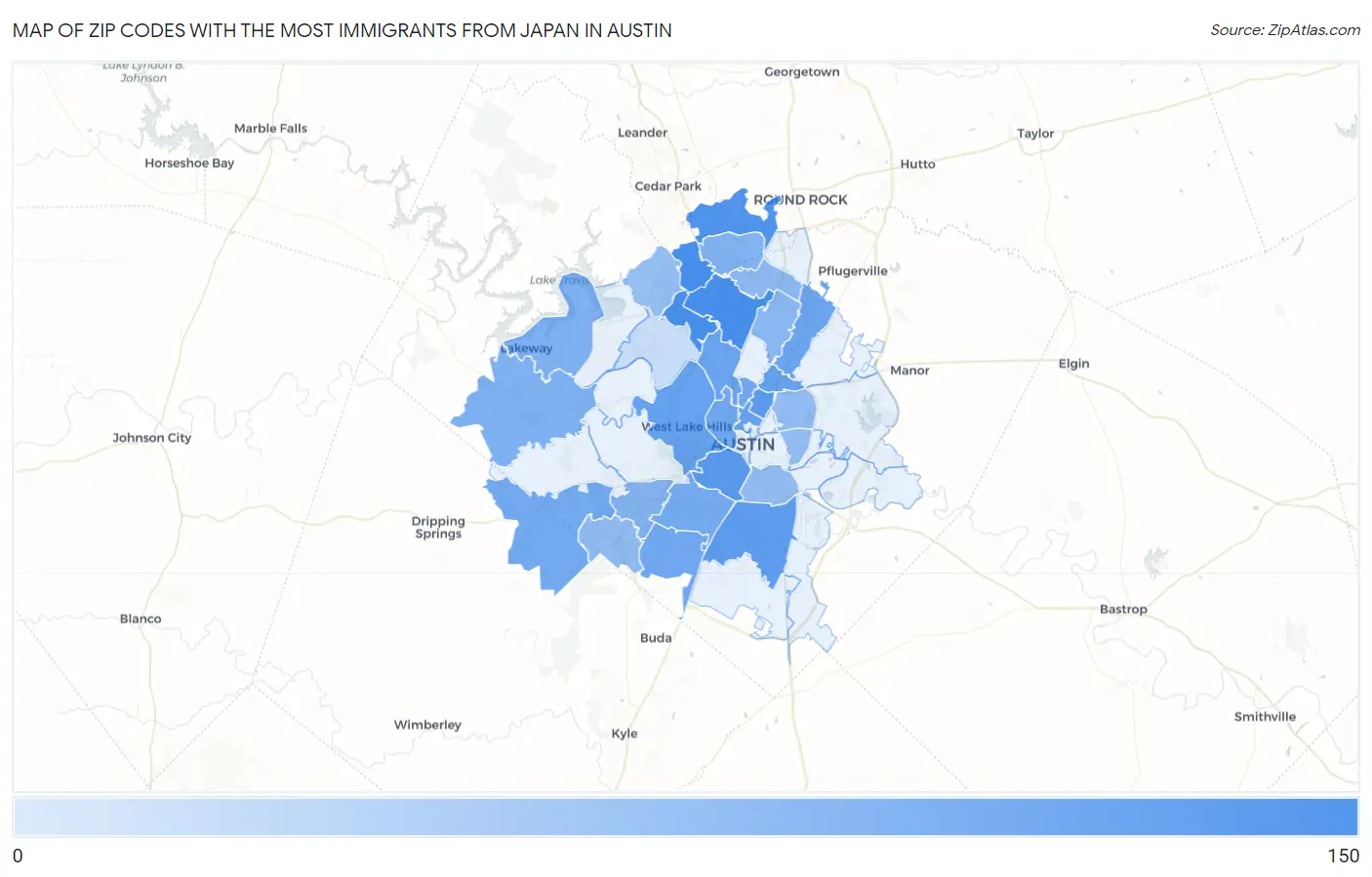 Zip Codes with the Most Immigrants from Japan in Austin Map