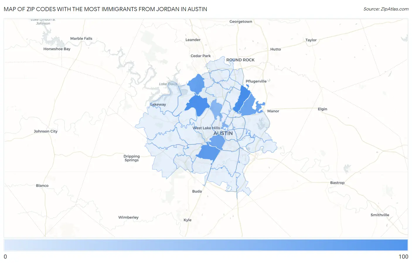 Zip Codes with the Most Immigrants from Jordan in Austin Map