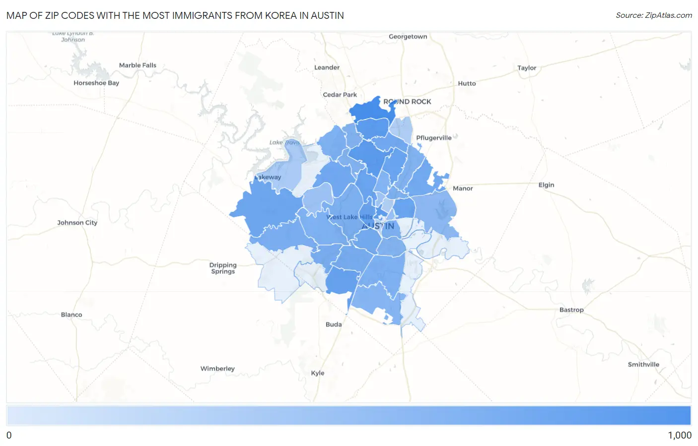 Zip Codes with the Most Immigrants from Korea in Austin Map