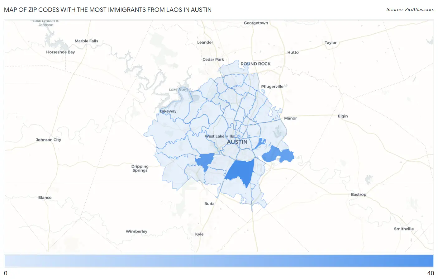 Zip Codes with the Most Immigrants from Laos in Austin Map