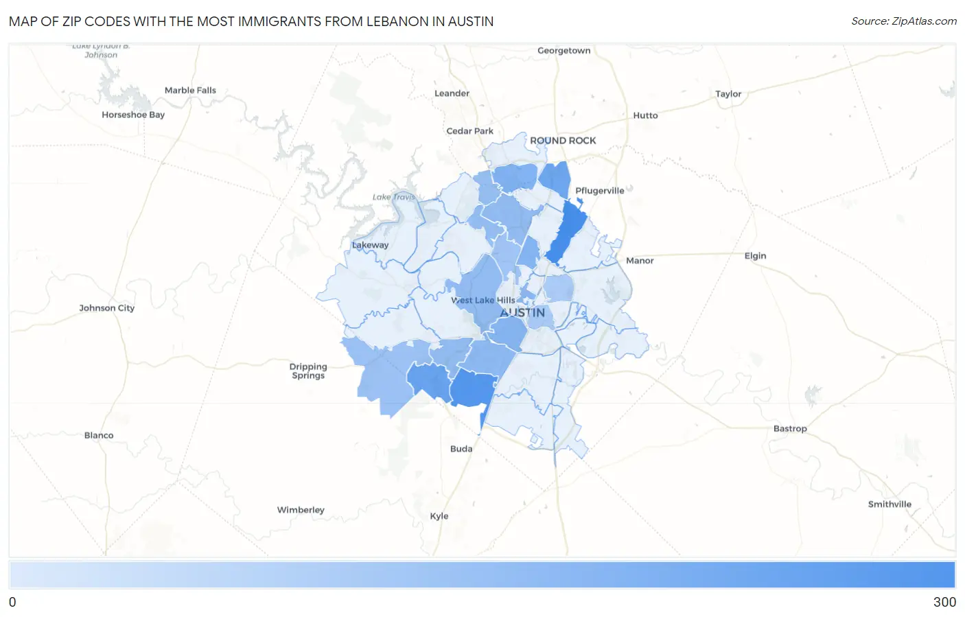 Zip Codes with the Most Immigrants from Lebanon in Austin Map