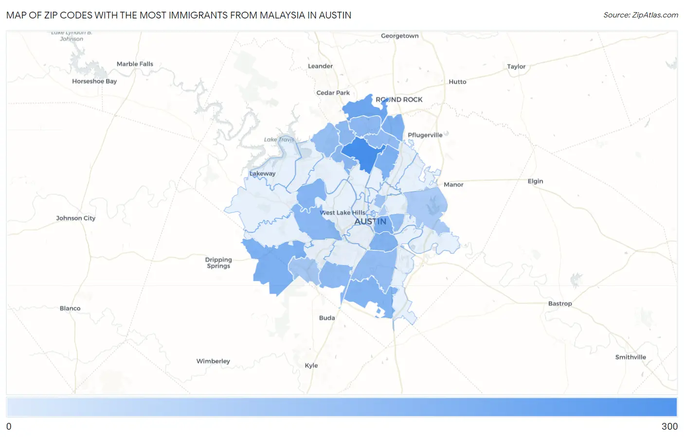 Zip Codes with the Most Immigrants from Malaysia in Austin Map