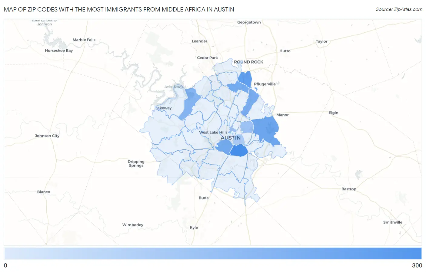 Zip Codes with the Most Immigrants from Middle Africa in Austin Map