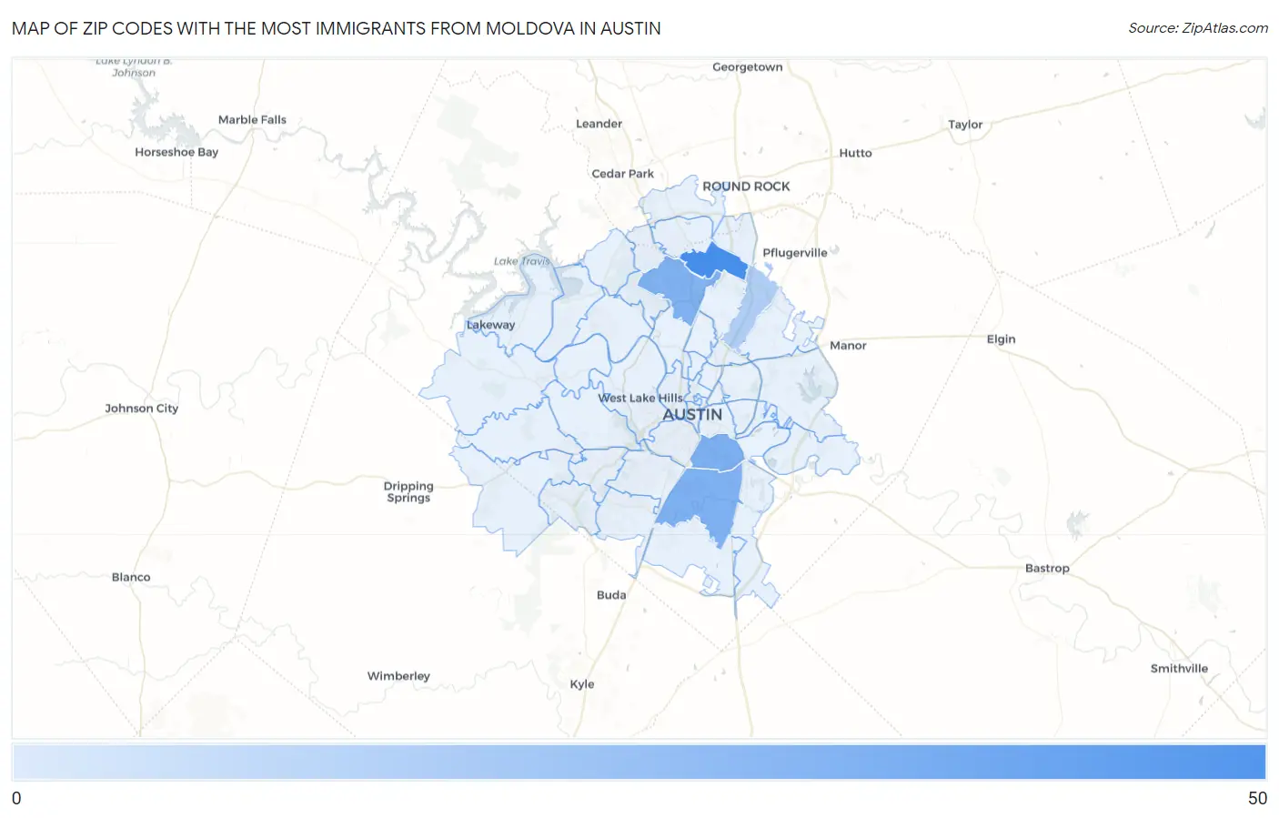 Zip Codes with the Most Immigrants from Moldova in Austin Map