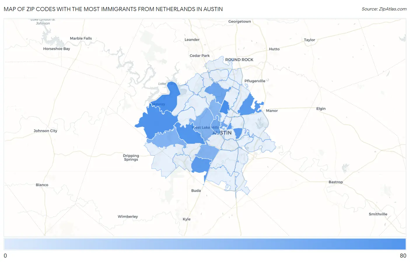 Zip Codes with the Most Immigrants from Netherlands in Austin Map