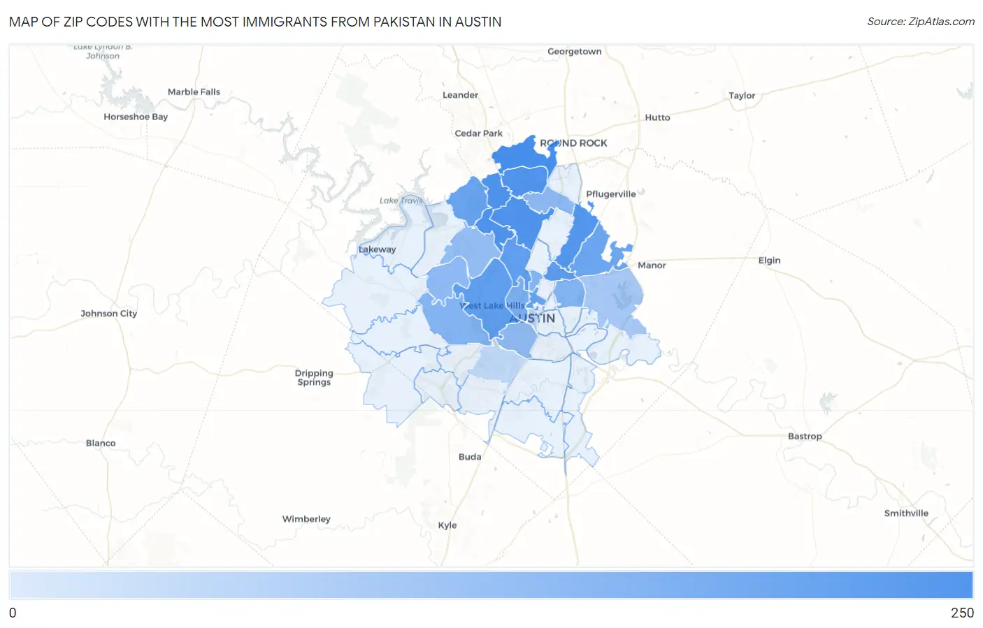 Zip Codes with the Most Immigrants from Pakistan in Austin Map