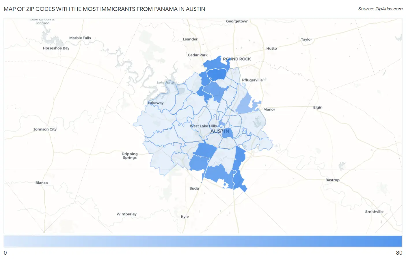 Zip Codes with the Most Immigrants from Panama in Austin Map