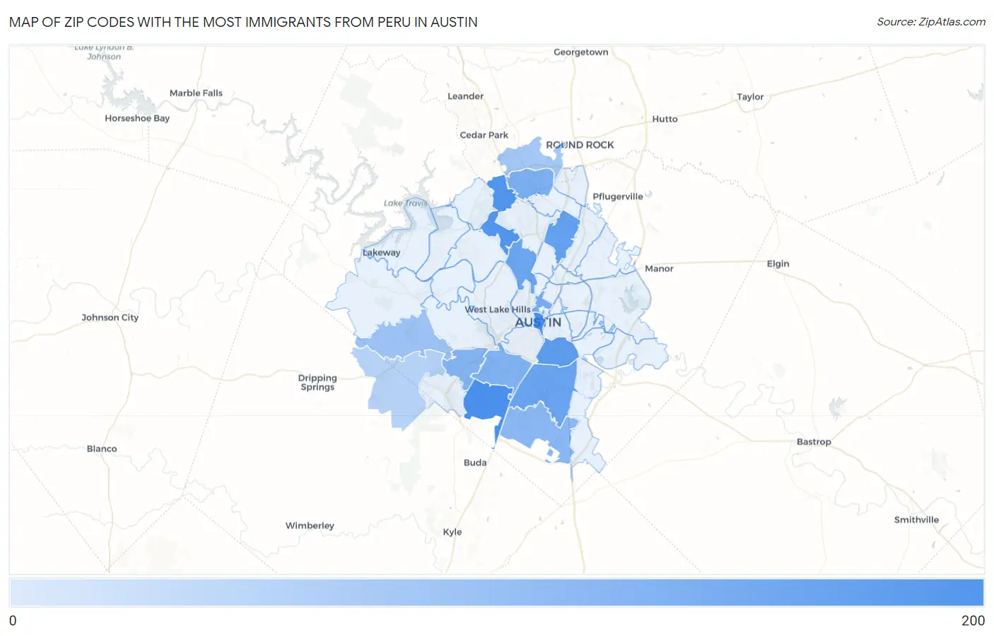 Zip Codes with the Most Immigrants from Peru in Austin Map