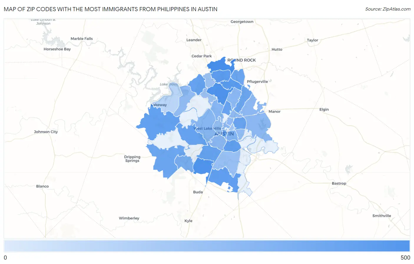 Zip Codes with the Most Immigrants from Philippines in Austin Map