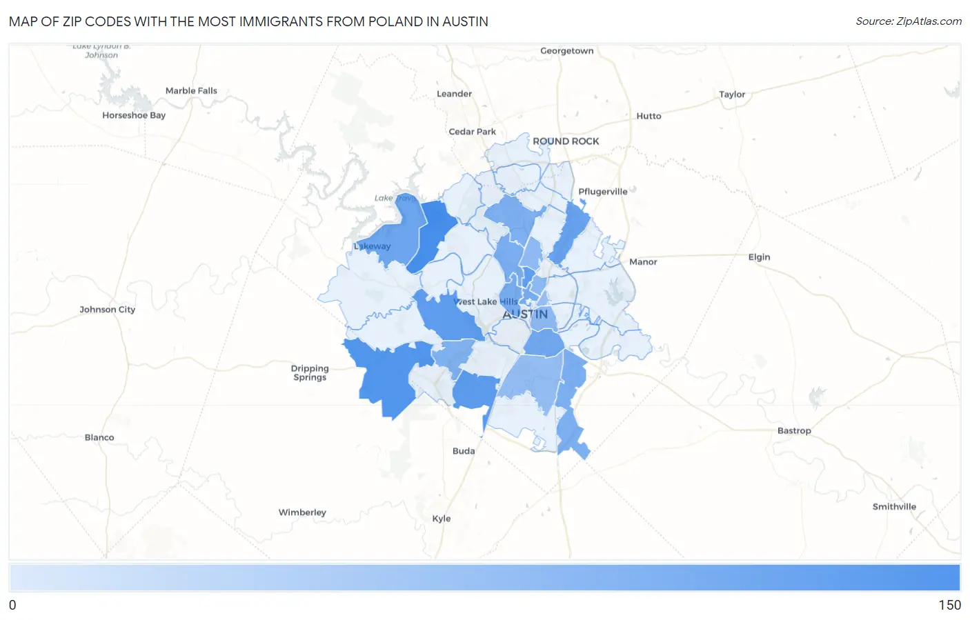 Zip Codes with the Most Immigrants from Poland in Austin Map