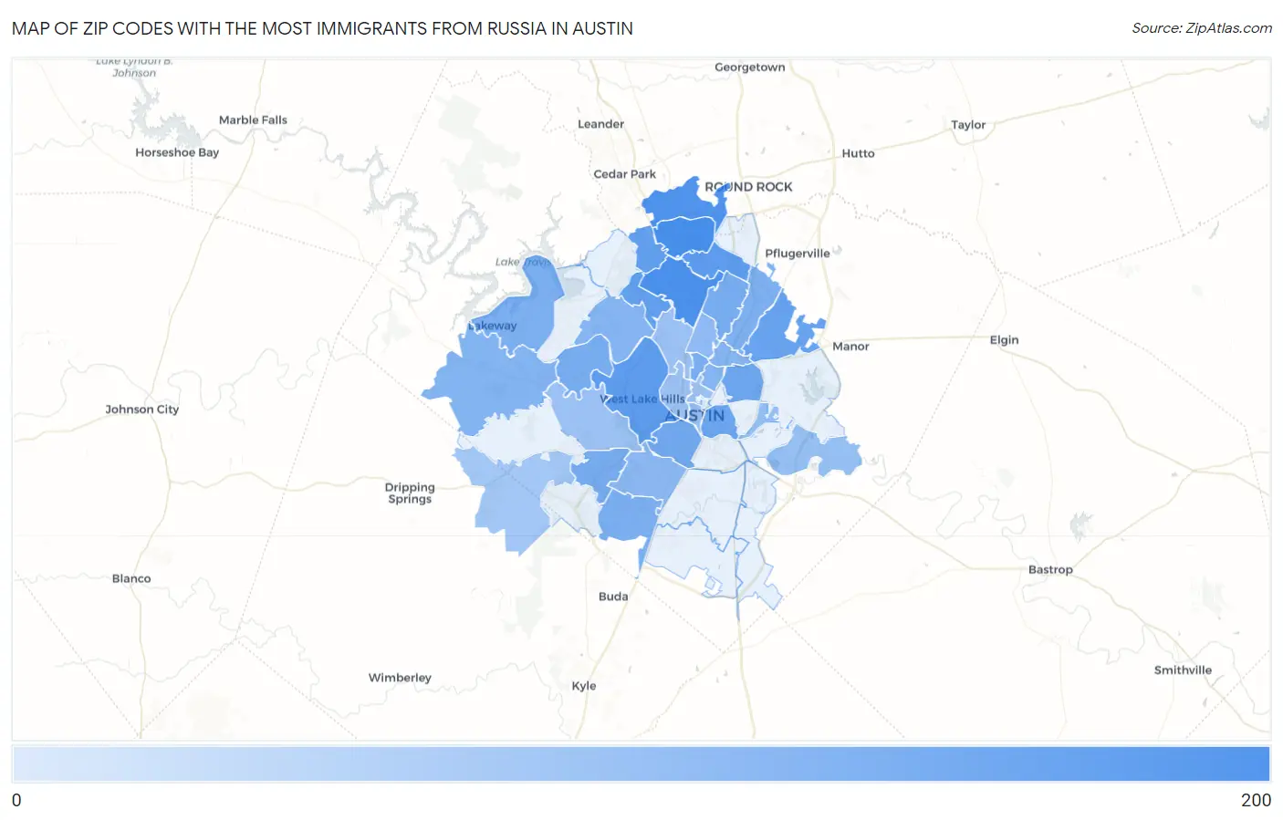 Zip Codes with the Most Immigrants from Russia in Austin Map