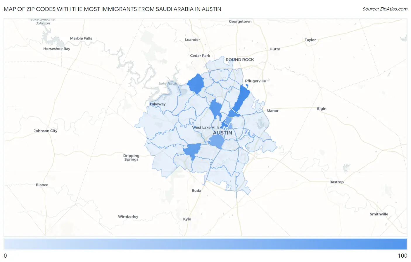 Zip Codes with the Most Immigrants from Saudi Arabia in Austin Map