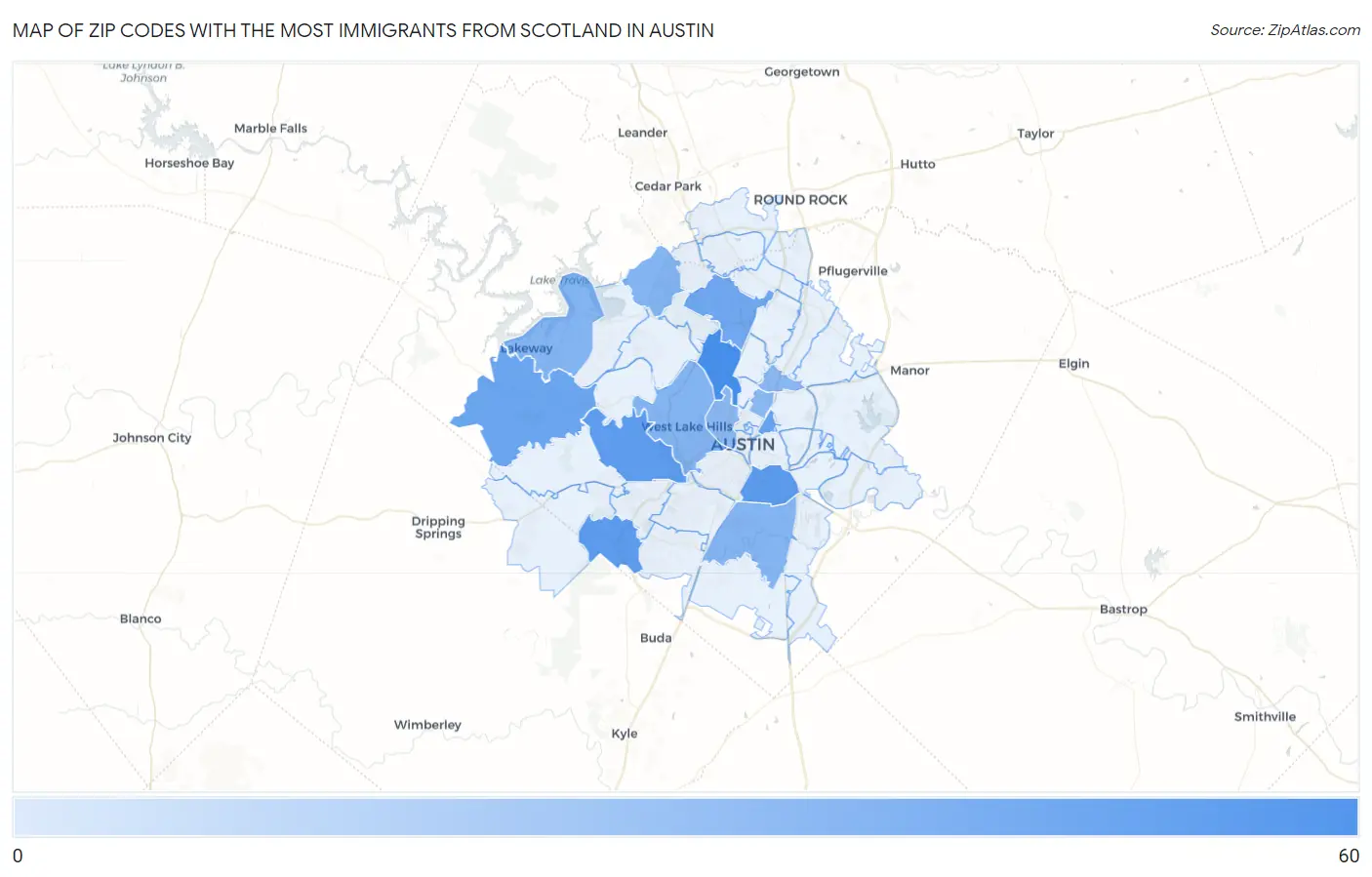 Zip Codes with the Most Immigrants from Scotland in Austin Map