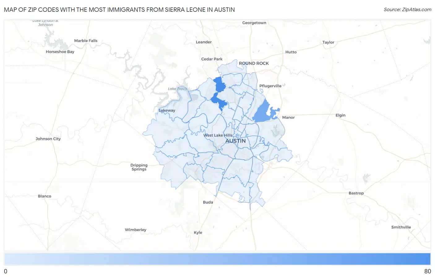 Zip Codes with the Most Immigrants from Sierra Leone in Austin Map