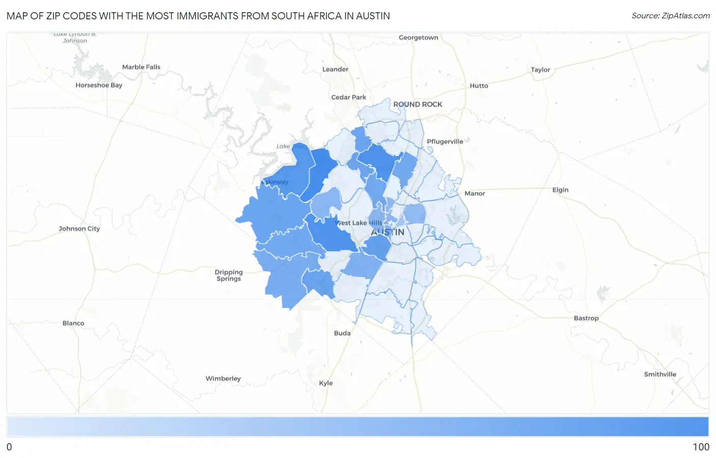 Zip Codes with the Most Immigrants from South Africa in Austin Map