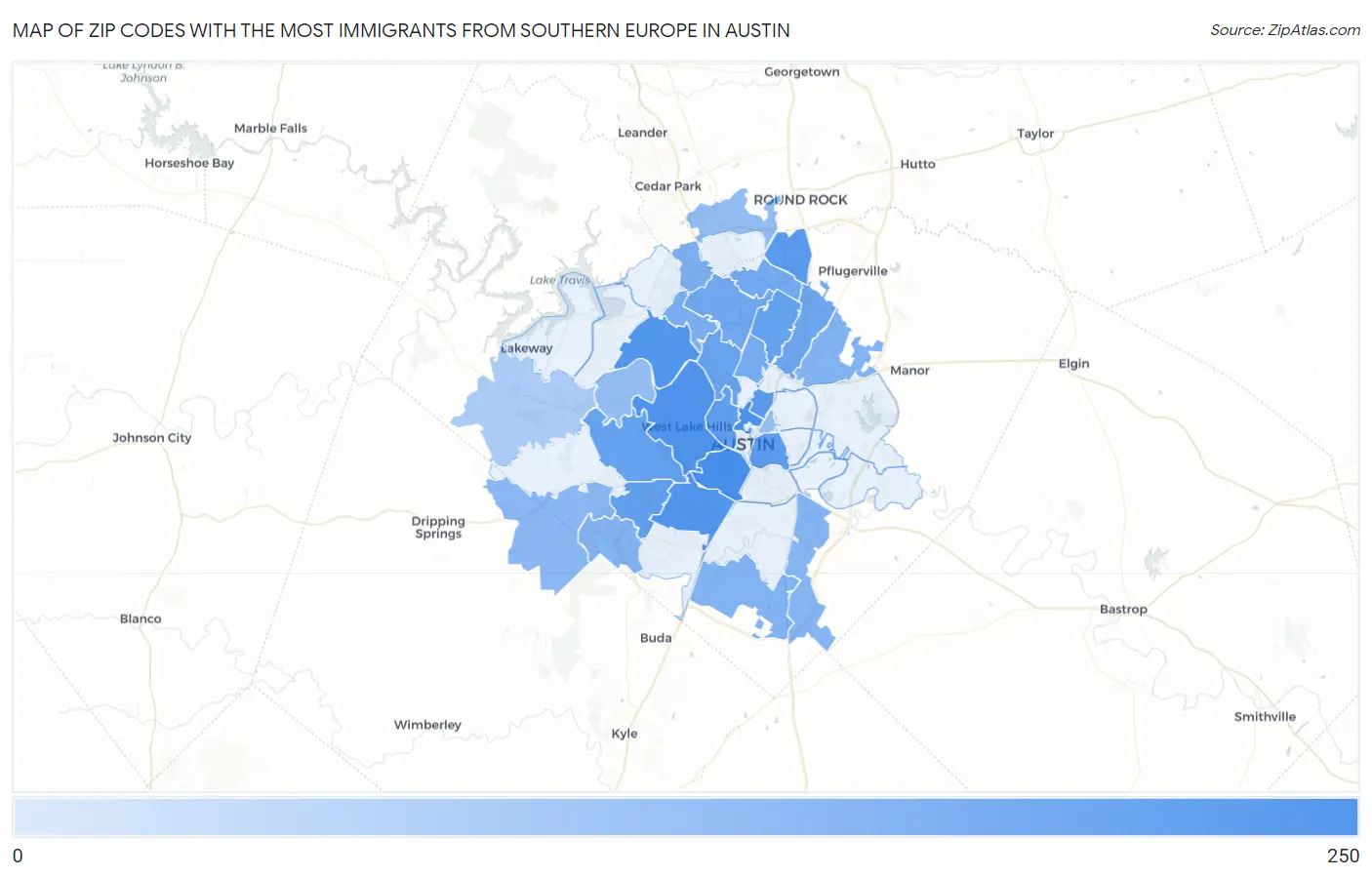 Zip Codes with the Most Immigrants from Southern Europe in Austin Map