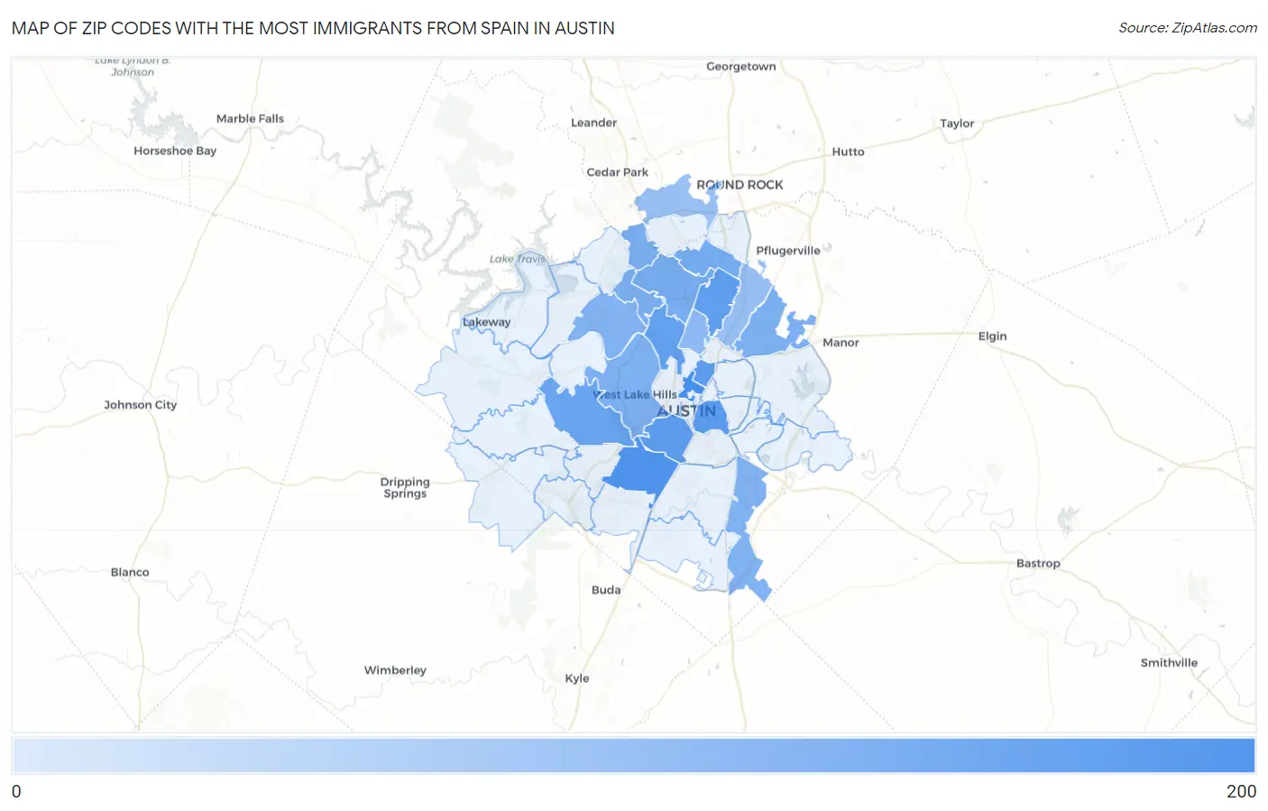 Zip Codes with the Most Immigrants from Spain in Austin Map