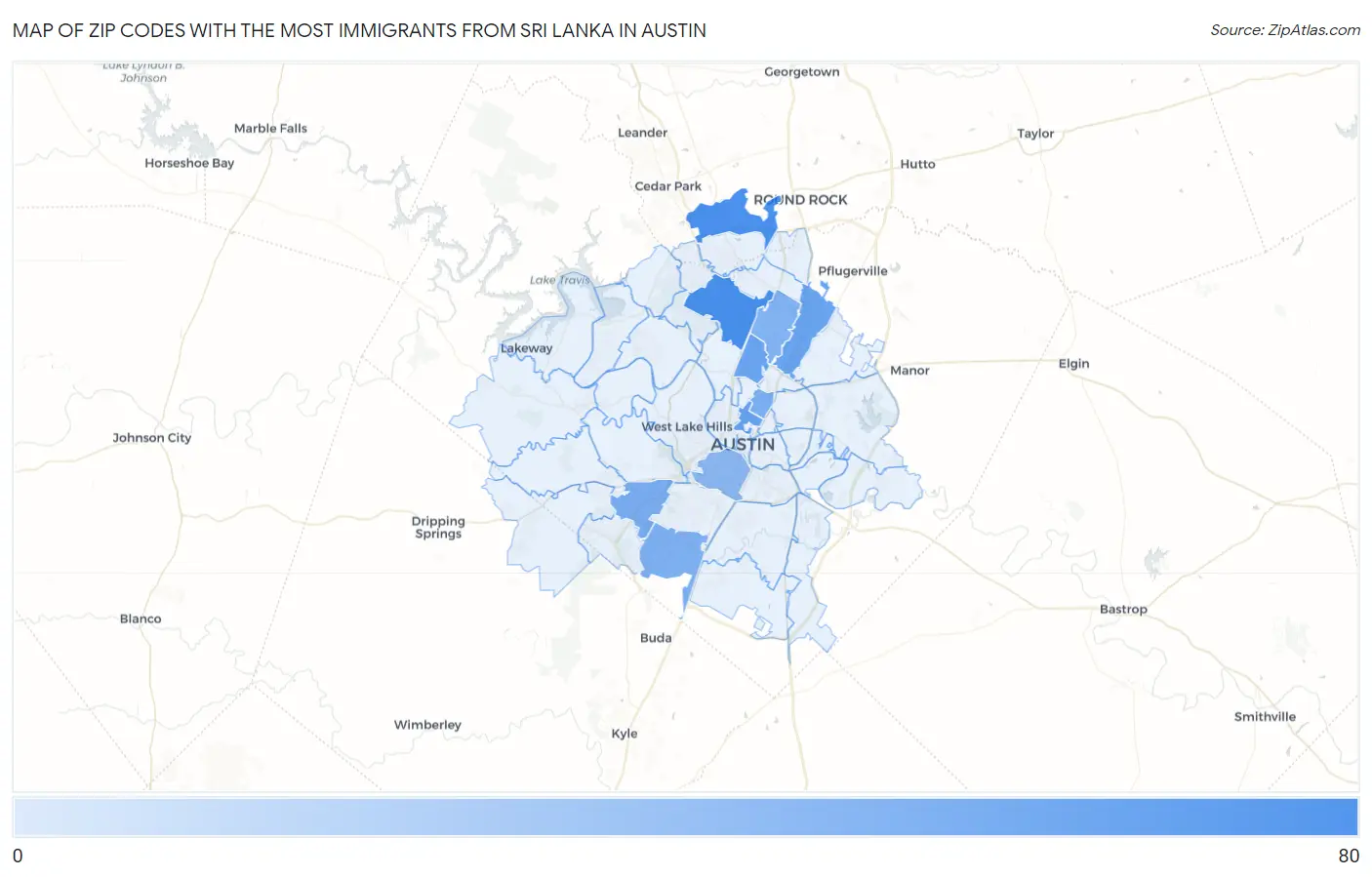 Zip Codes with the Most Immigrants from Sri Lanka in Austin Map