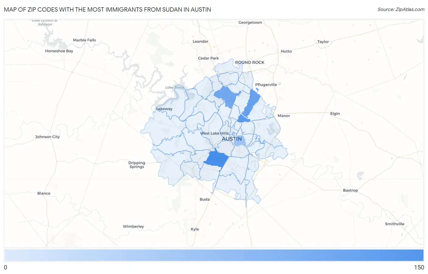 Zip Codes with the Most Immigrants from Sudan in Austin Map