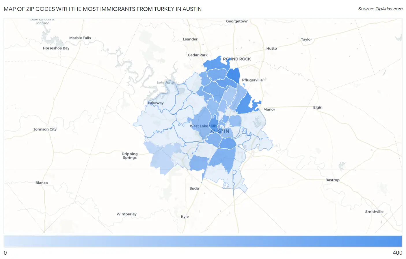 Zip Codes with the Most Immigrants from Turkey in Austin Map