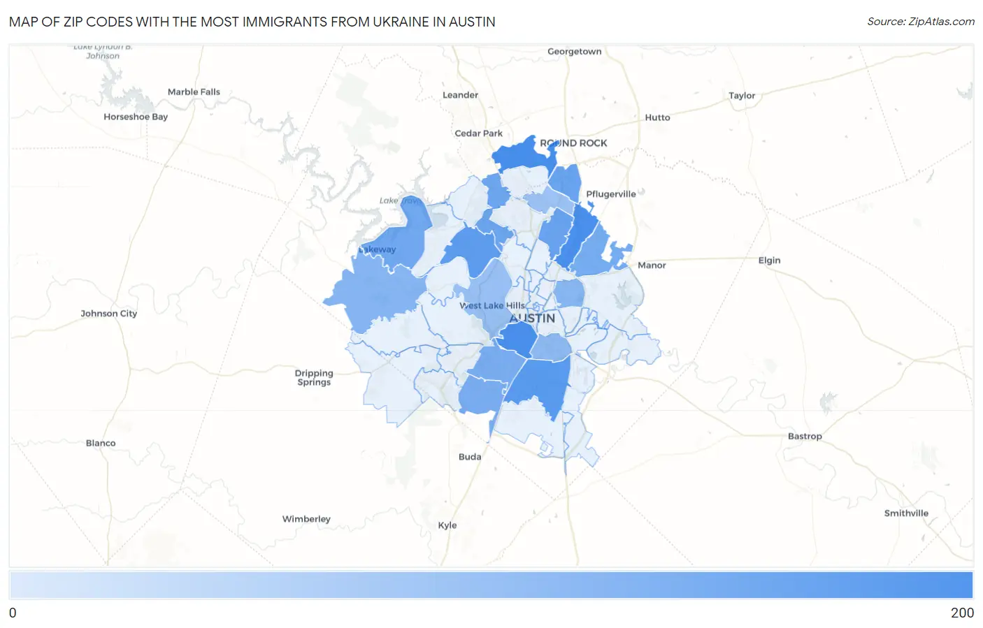 Zip Codes with the Most Immigrants from Ukraine in Austin Map