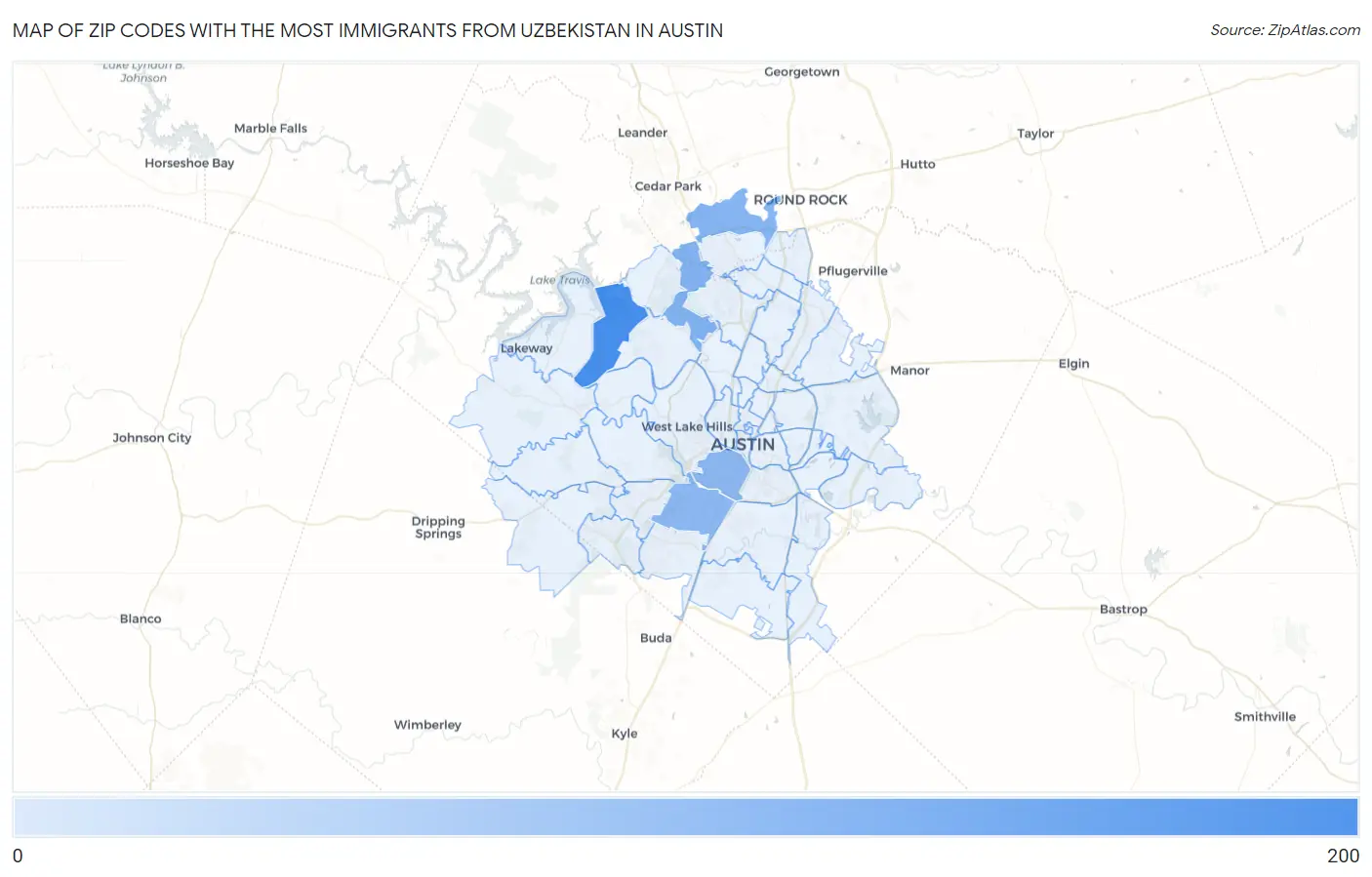 Zip Codes with the Most Immigrants from Uzbekistan in Austin Map