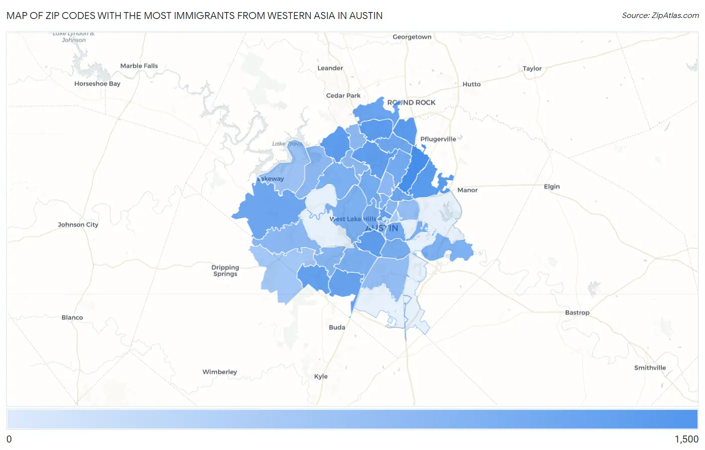 Zip Codes with the Most Immigrants from Western Asia in Austin Map
