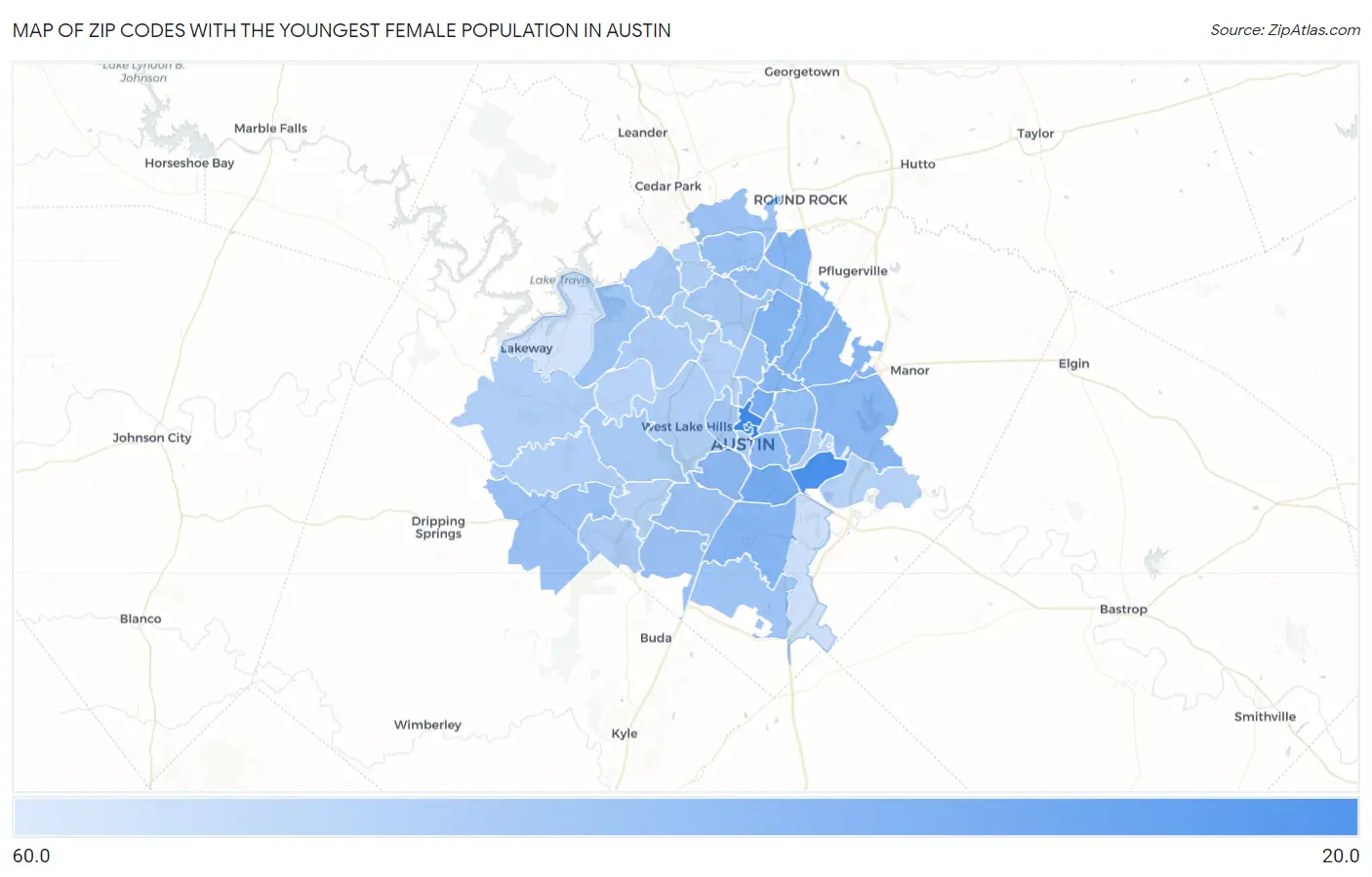 Zip Codes with the Youngest Female Population in Austin Map