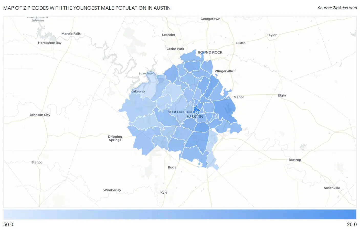 Zip Codes with the Youngest Male Population in Austin Map