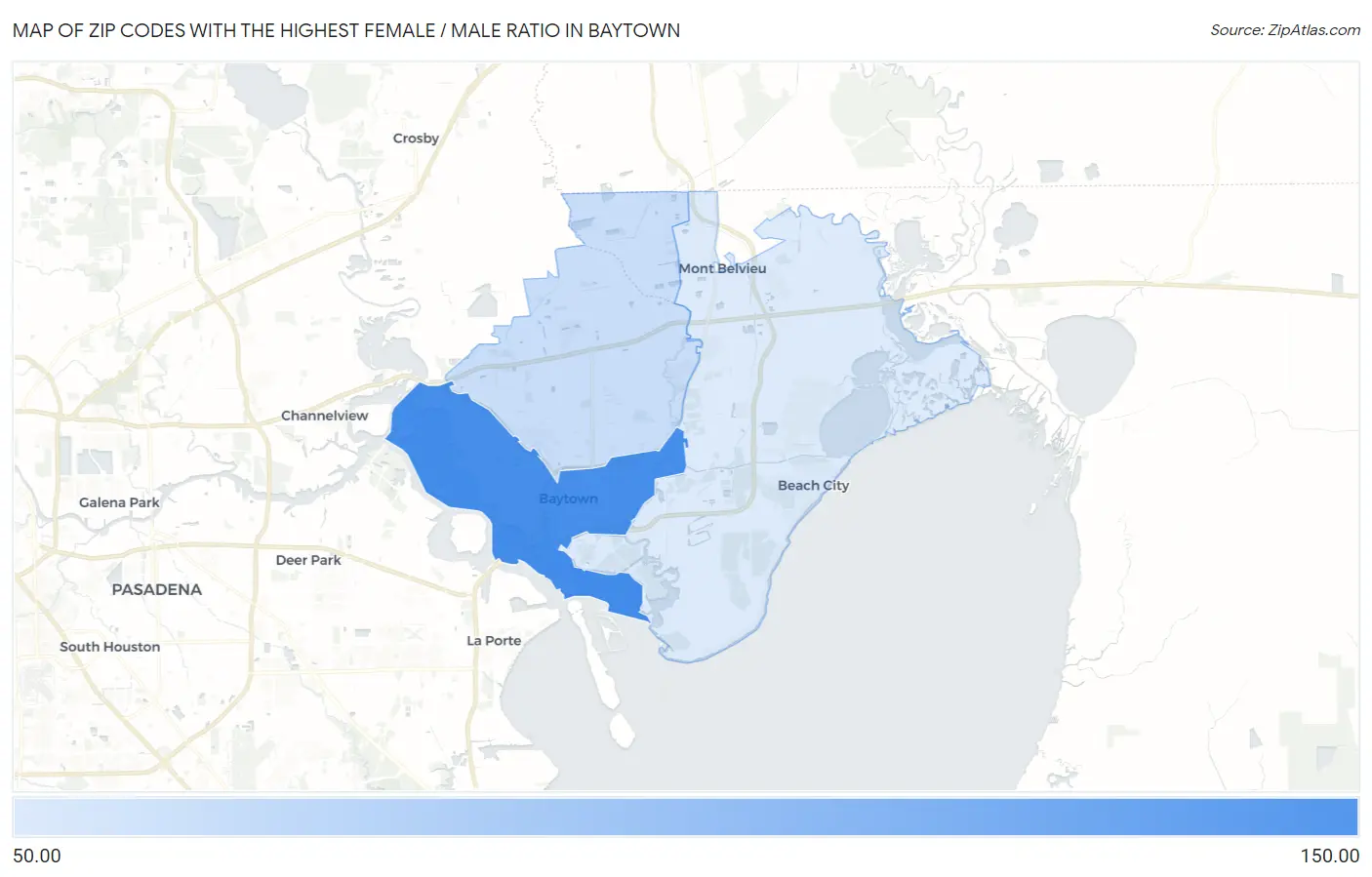 Zip Codes with the Highest Female / Male Ratio in Baytown Map