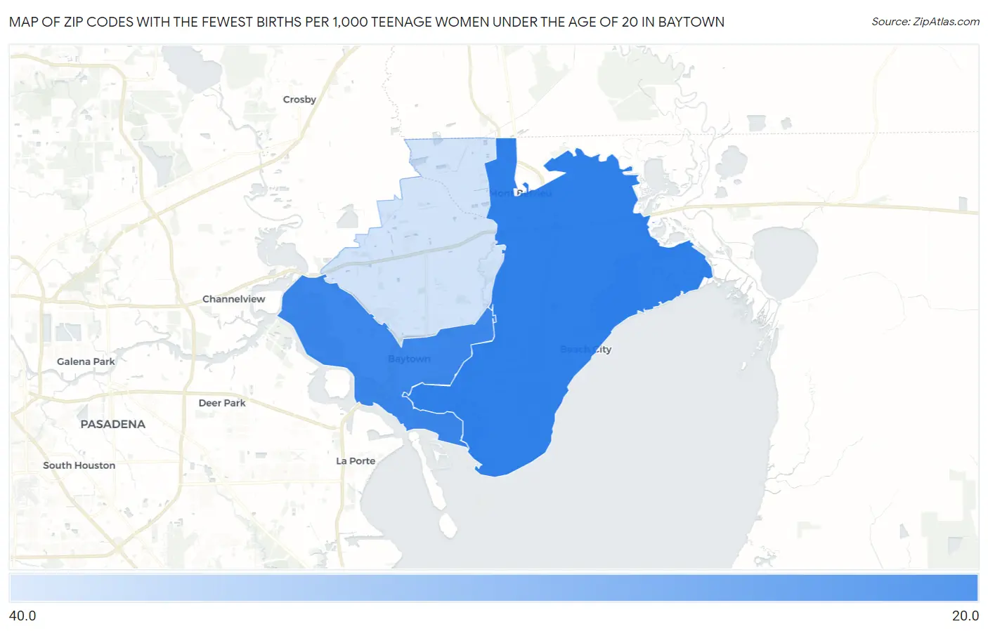 Zip Codes with the Fewest Births per 1,000 Teenage Women Under the Age of 20 in Baytown Map