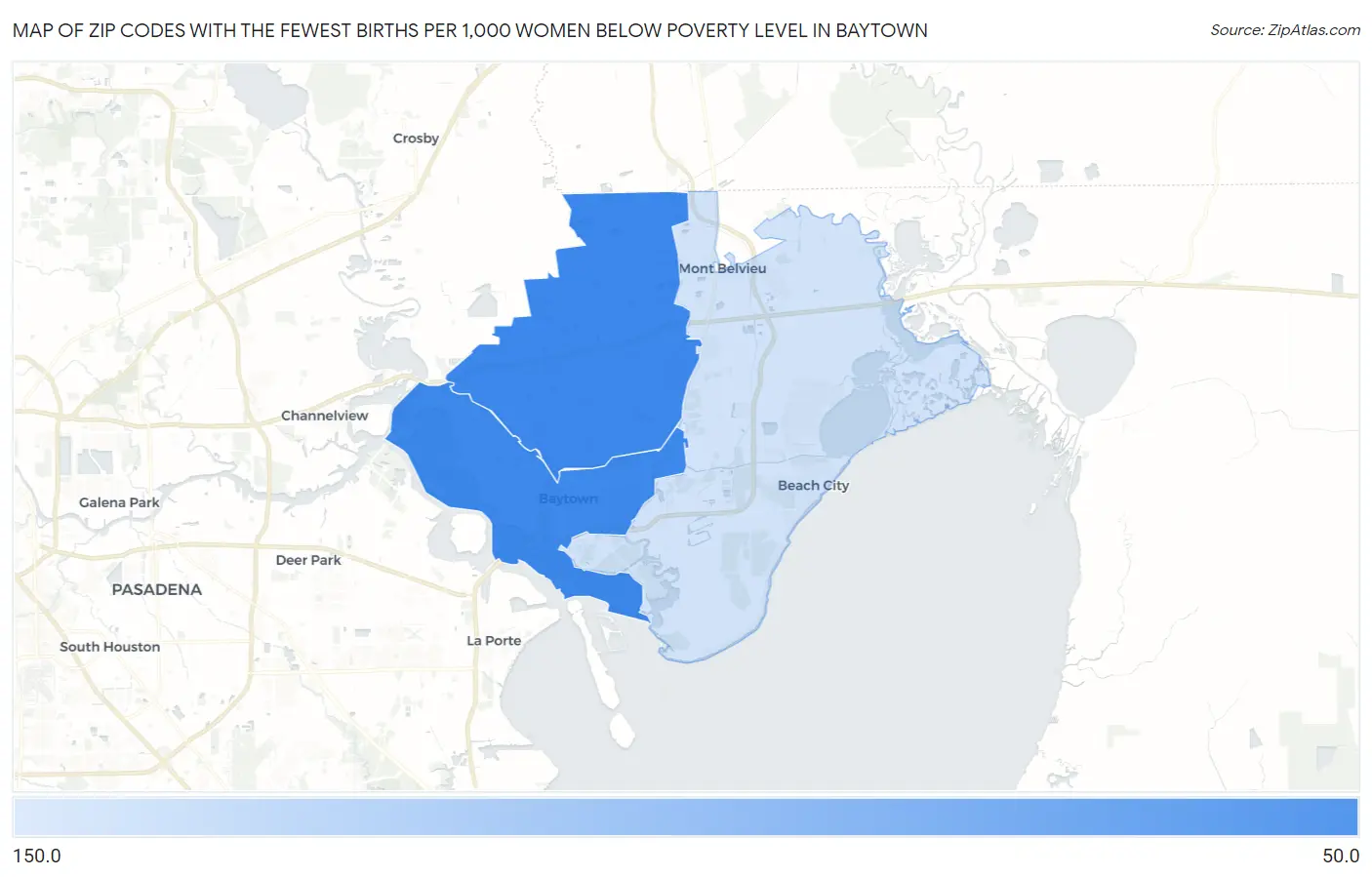 Zip Codes with the Fewest Births per 1,000 Women Below Poverty Level in Baytown Map
