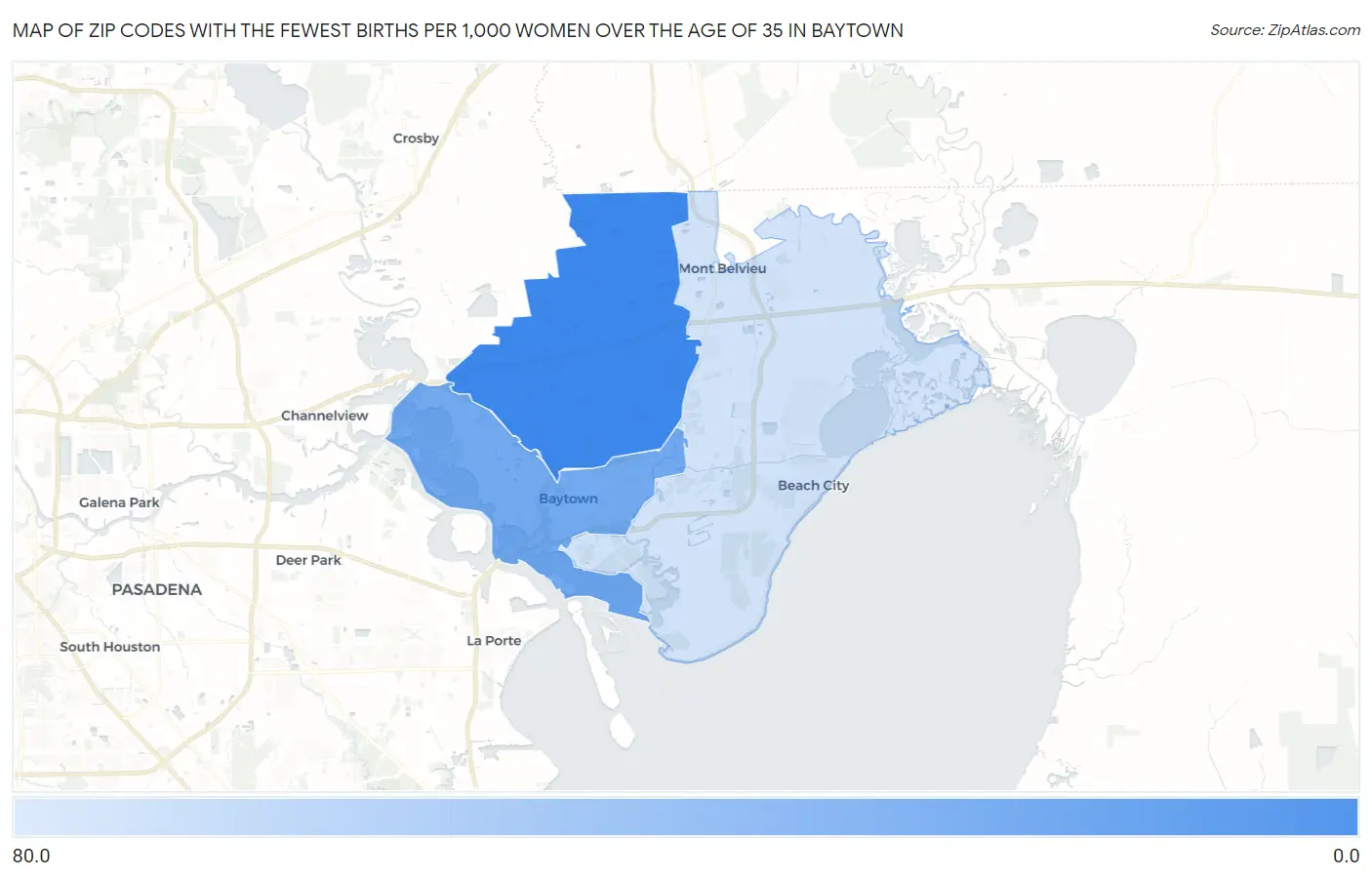 Zip Codes with the Fewest Births per 1,000 Women Over the Age of 35 in Baytown Map