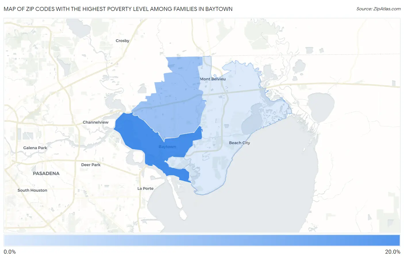 Zip Codes with the Highest Poverty Level Among Families in Baytown Map