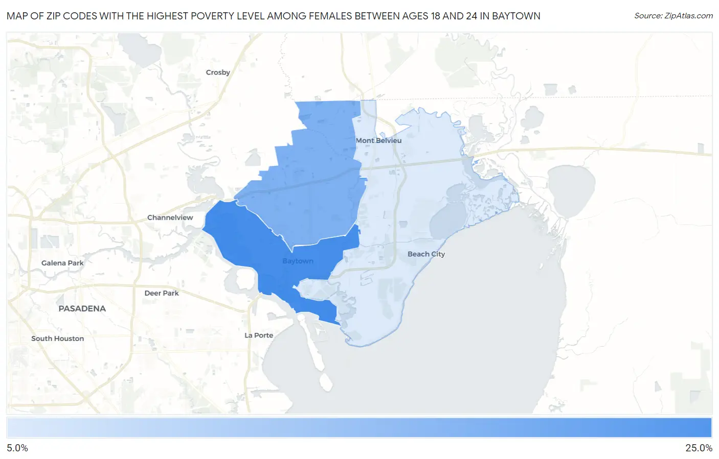 Zip Codes with the Highest Poverty Level Among Females Between Ages 18 and 24 in Baytown Map