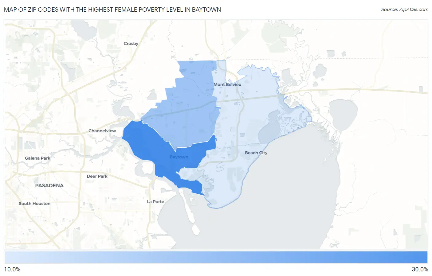 Zip Codes with the Highest Female Poverty Level in Baytown Map