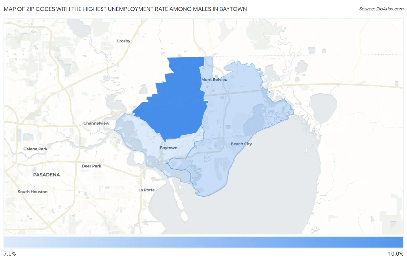 Zip Codes with the Highest Unemployment Rate Among Males in Baytown Map