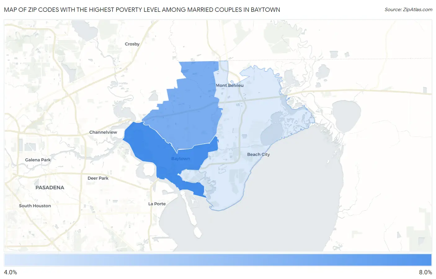 Zip Codes with the Highest Poverty Level Among Married Couples in Baytown Map